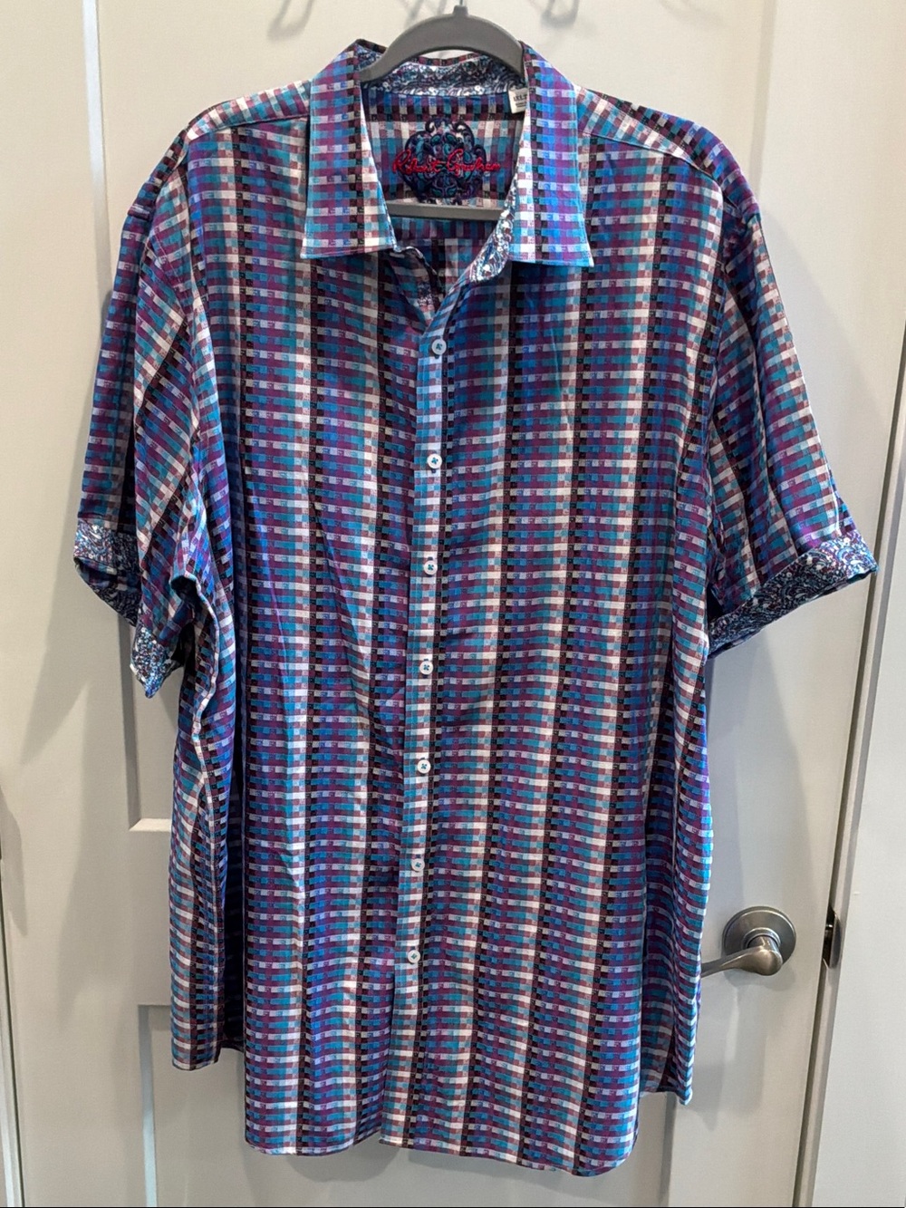Robert Graham 1XLT Short-Sleeve Button-Down in Blue, Purple, Teal Plaid